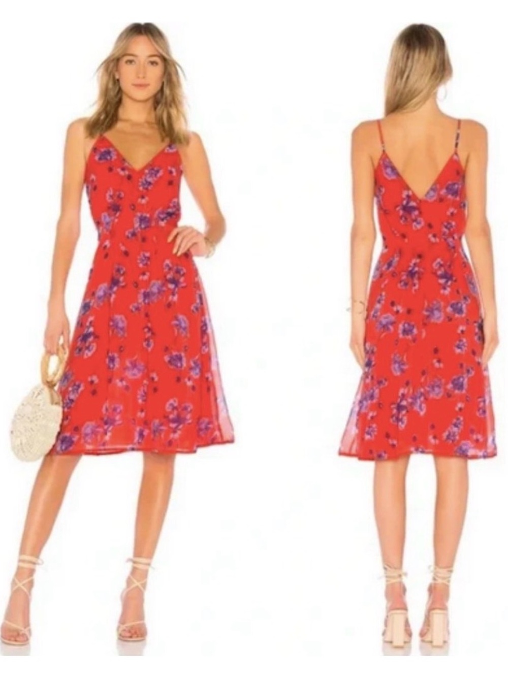 House‎ of Harlow x Revolve Red Floral Spaghetti-Strap Chiffon Midi Dress Size XS